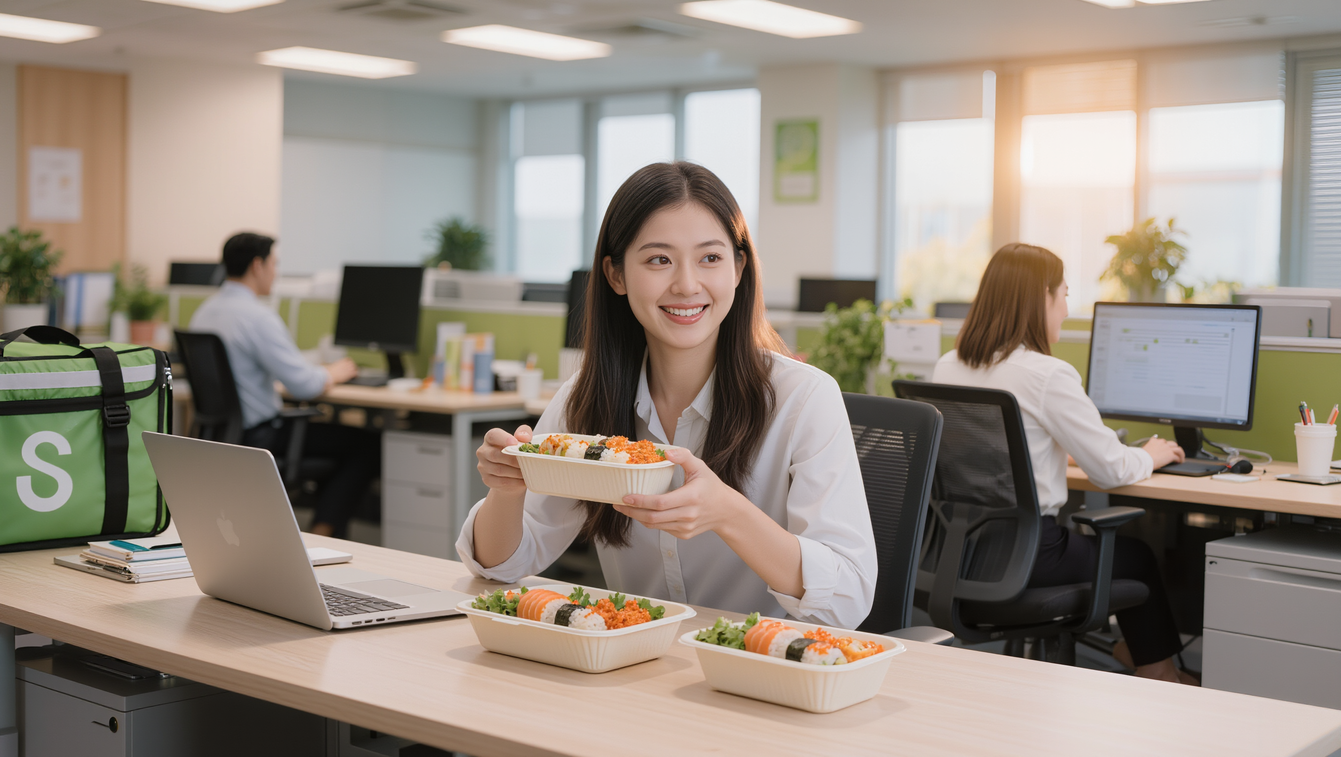 オフィスでランチパスのお弁当を楽しむ社員の様子